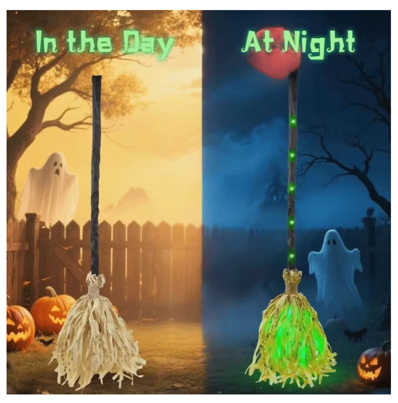 Side-by-side daytime and nighttime views of the Haunted Broom