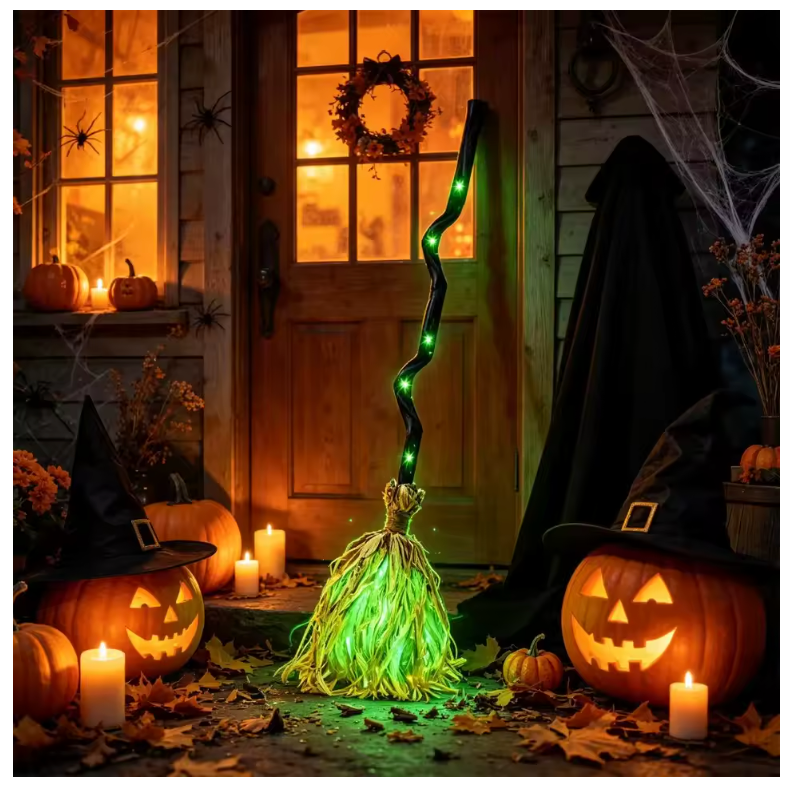 The Haunted Broom glowing green on a Halloween porch